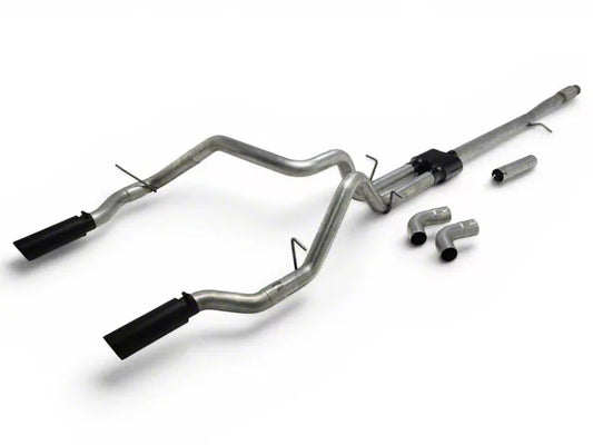 Flowmaster Outlaw Dual Exhaust System with Black Tips; Side/Rear Exit (19-26 5.3L Silverado 1500 w/o Factory Dual Exhaust & 19-26 5.3L Sierra 1500 w/o Factory Dual Exhaust) #817854